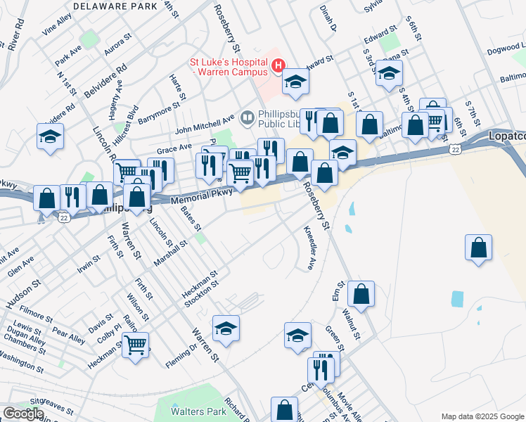 map of restaurants, bars, coffee shops, grocery stores, and more near 461 Heckman Street in Phillipsburg