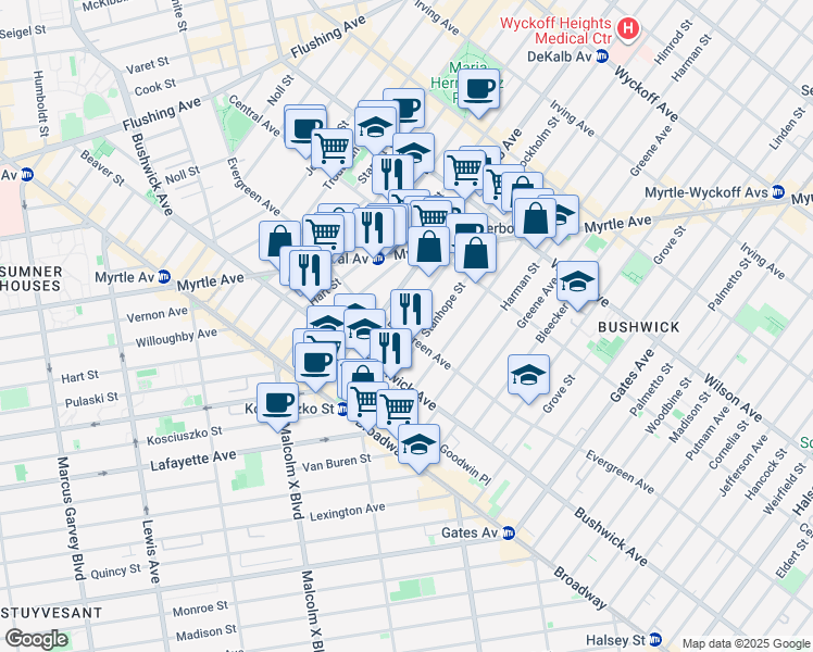 map of restaurants, bars, coffee shops, grocery stores, and more near 57 Stockholm Street in Brooklyn