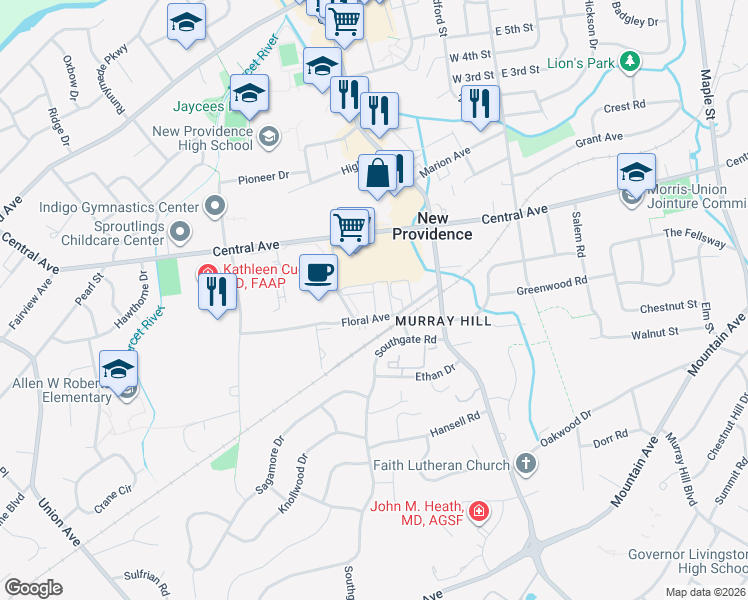 map of restaurants, bars, coffee shops, grocery stores, and more near 19 Murray Hill Manor in New Providence