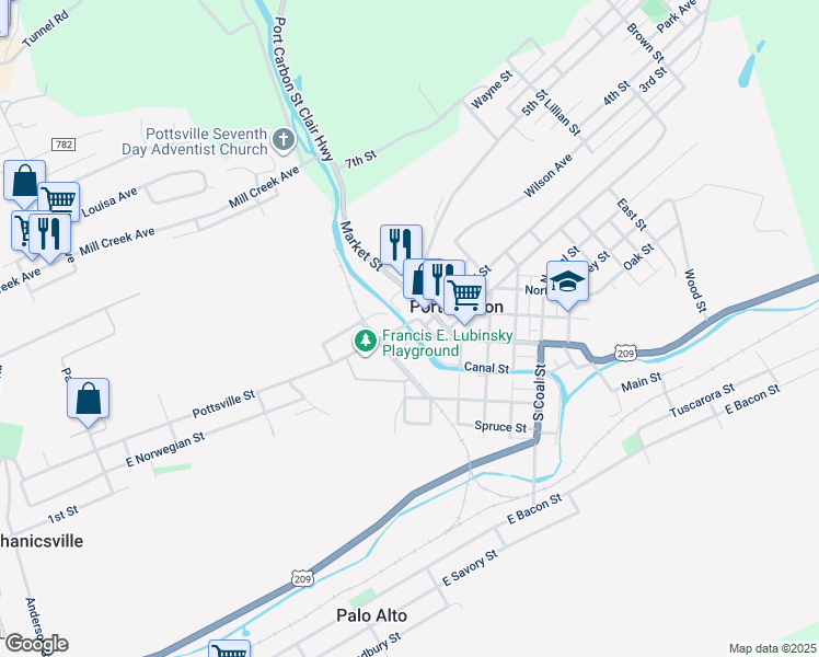 map of restaurants, bars, coffee shops, grocery stores, and more near 13 Pottsville Street in Port Carbon