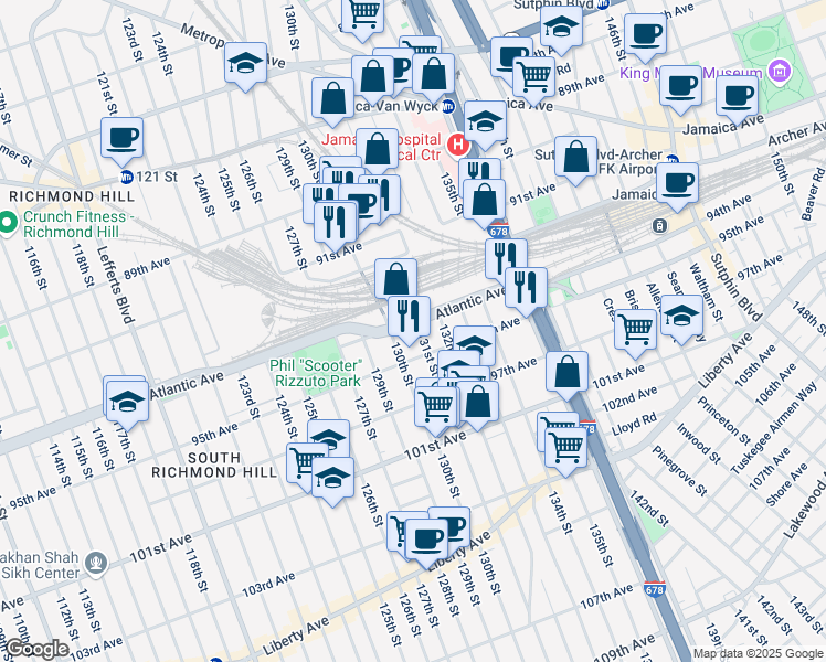 map of restaurants, bars, coffee shops, grocery stores, and more near 131-11 Atlantic Avenue in Queens