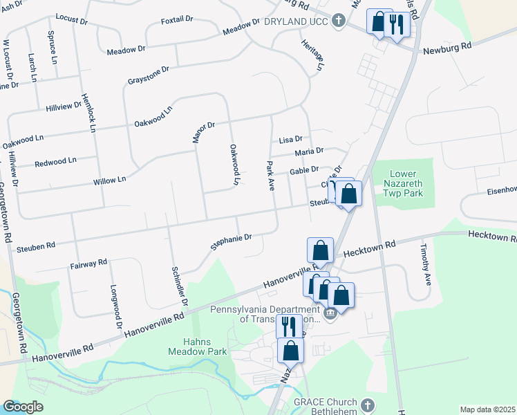 map of restaurants, bars, coffee shops, grocery stores, and more near 319 Park Avenue in Bethlehem