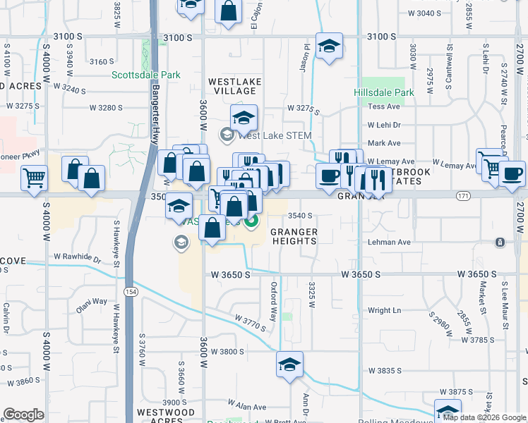 map of restaurants, bars, coffee shops, grocery stores, and more near 3532 South 3425 West in West Valley City