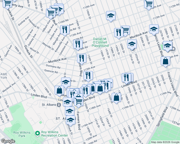 map of restaurants, bars, coffee shops, grocery stores, and more near 191-53 115th Road in Queens