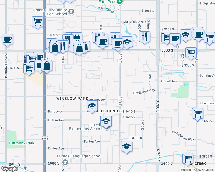map of restaurants, bars, coffee shops, grocery stores, and more near East 3475 South Street in South Salt Lake