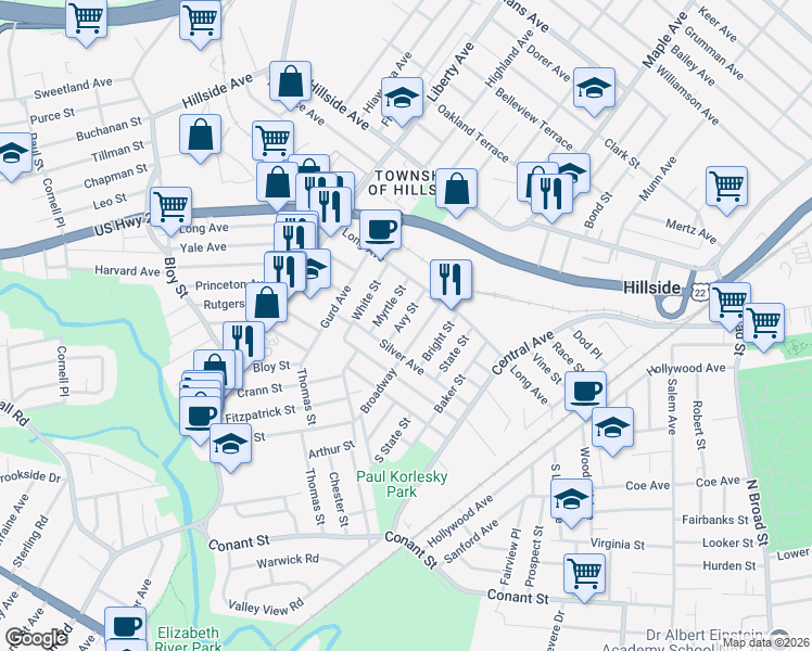map of restaurants, bars, coffee shops, grocery stores, and more near 1312 Avy Street in Hillside