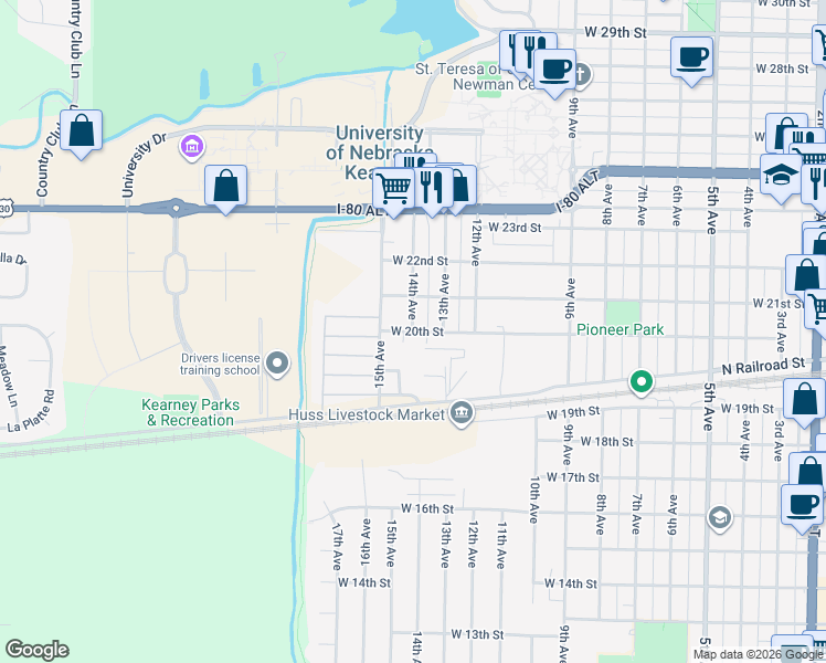 map of restaurants, bars, coffee shops, grocery stores, and more near 2000 14th Avenue in Kearney
