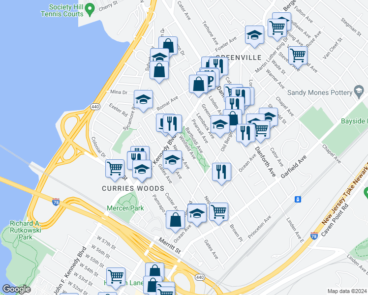 map of restaurants, bars, coffee shops, grocery stores, and more near 118 Bartholdi Avenue in Jersey City