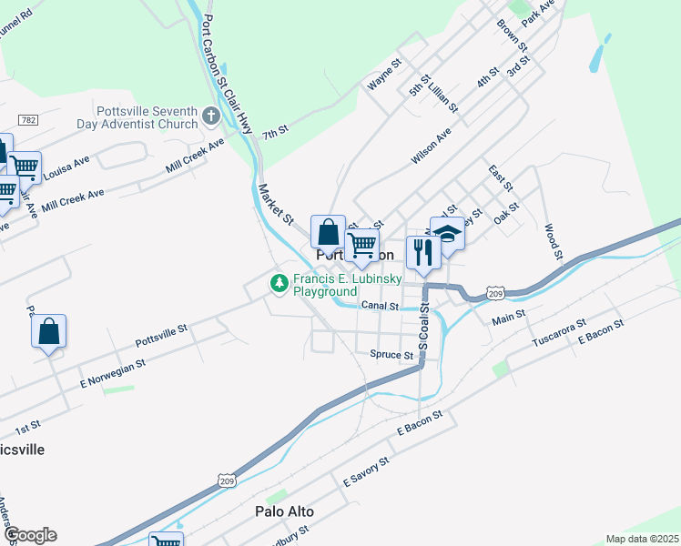 map of restaurants, bars, coffee shops, grocery stores, and more near 109 Market Street in Port Carbon