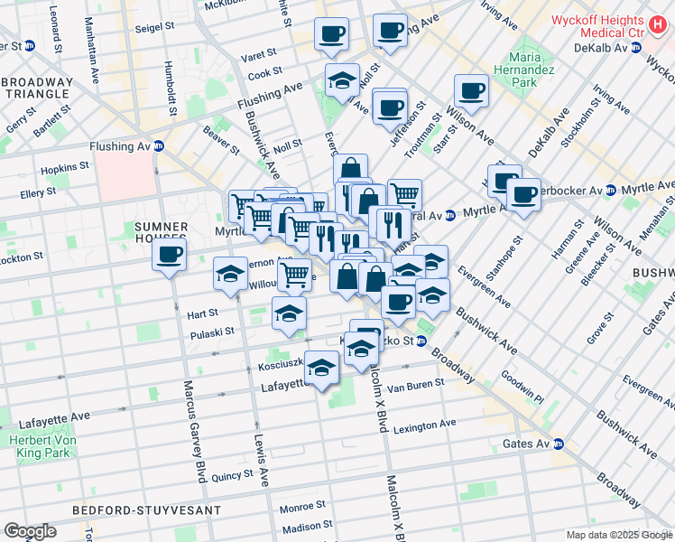 map of restaurants, bars, coffee shops, grocery stores, and more near 912 Willoughby Avenue in Brooklyn