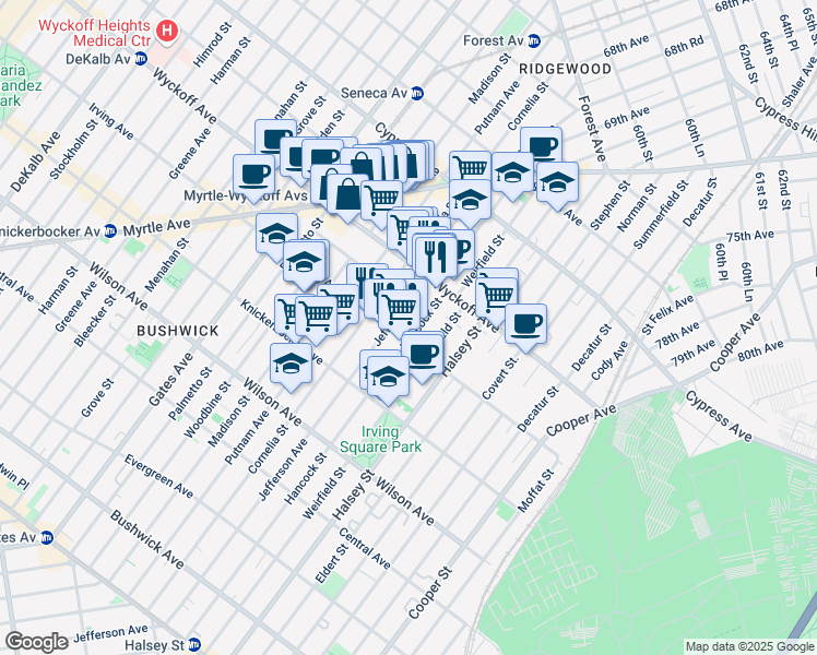 map of restaurants, bars, coffee shops, grocery stores, and more near 1484 Jefferson Avenue in Brooklyn