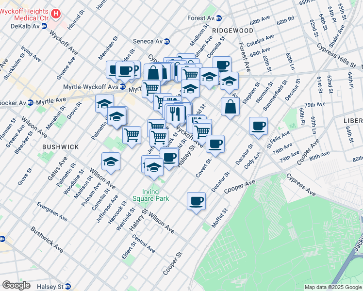 map of restaurants, bars, coffee shops, grocery stores, and more near in Queens