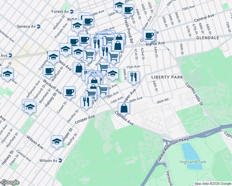 map of restaurants, bars, coffee shops, grocery stores, and more near 5852 Saint Felix Avenue in Queens