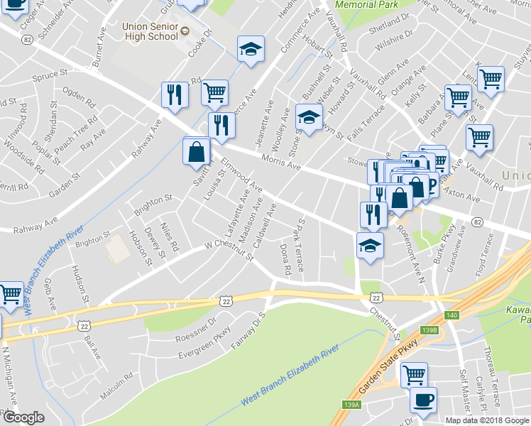 map of restaurants, bars, coffee shops, grocery stores, and more near 924 Caldwell Avenue in Union