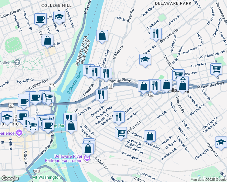 map of restaurants, bars, coffee shops, grocery stores, and more near 215 Shafer Avenue in Phillipsburg