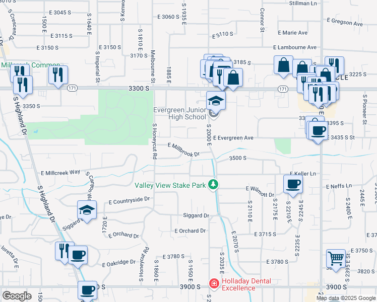 map of restaurants, bars, coffee shops, grocery stores, and more near 1947 East Millbrook Drive in Millcreek