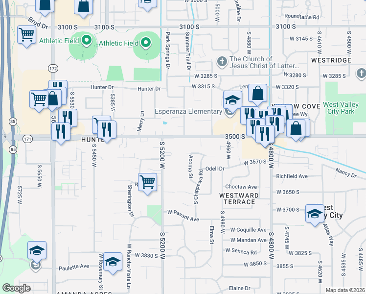 map of restaurants, bars, coffee shops, grocery stores, and more near 3525 South Carnegie Lane in West Valley City
