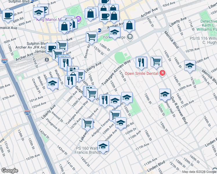 map of restaurants, bars, coffee shops, grocery stores, and more near 153-25 Tuskegee Airmen Way in Queens