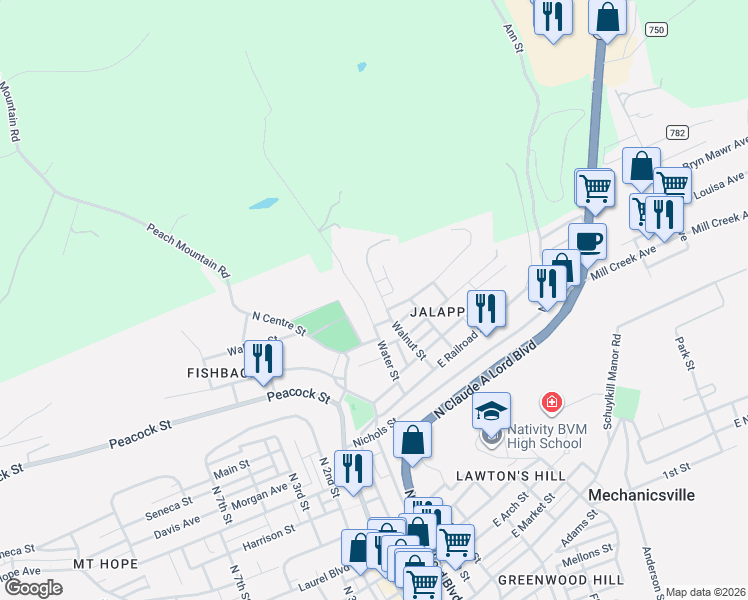 map of restaurants, bars, coffee shops, grocery stores, and more near 818 Walnut Street in Pottsville