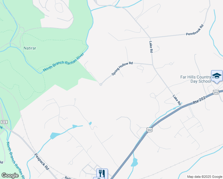 map of restaurants, bars, coffee shops, grocery stores, and more near 77 Spring Hollow Road in Far Hills