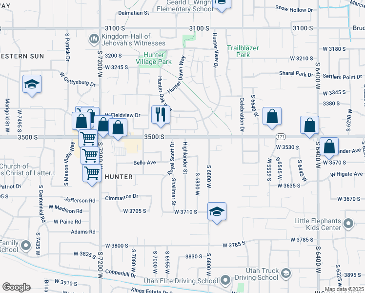 map of restaurants, bars, coffee shops, grocery stores, and more near 3524 Highlander Street in West Valley City