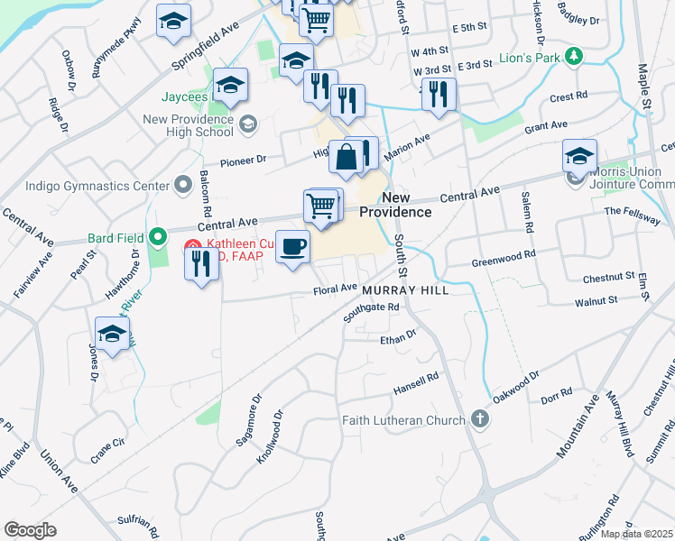 map of restaurants, bars, coffee shops, grocery stores, and more near 19 Murray Hill Manor in New Providence