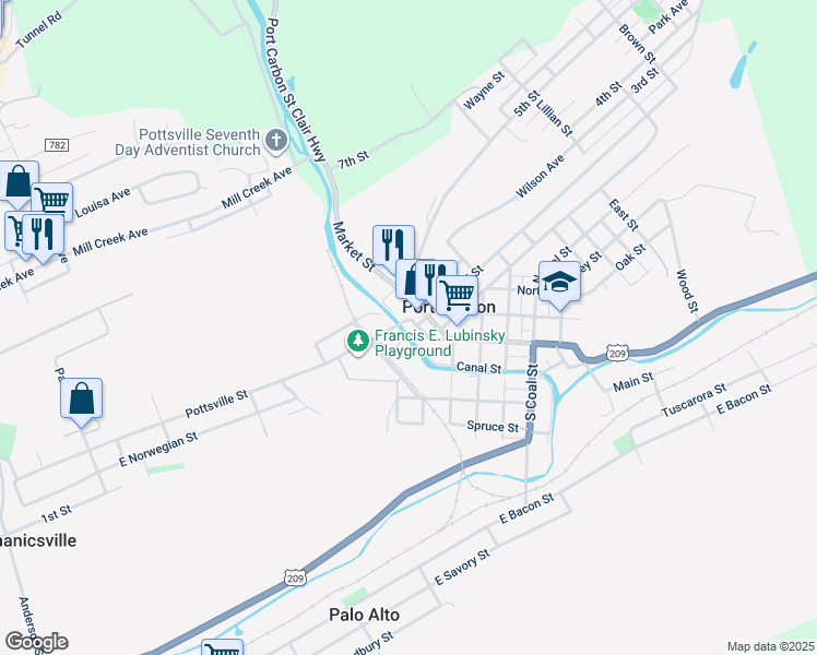 map of restaurants, bars, coffee shops, grocery stores, and more near 259 Pike Street in Port Carbon