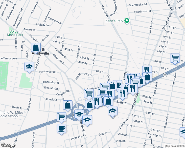 map of restaurants, bars, coffee shops, grocery stores, and more near 295 40th Street in Copiague