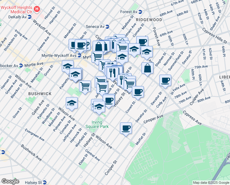 map of restaurants, bars, coffee shops, grocery stores, and more near in Queens