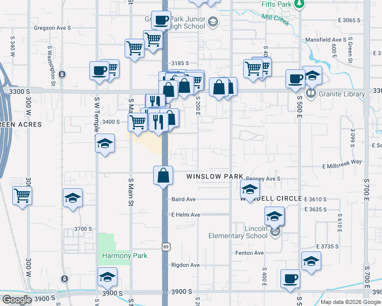 map of restaurants, bars, coffee shops, grocery stores, and more near 155 East Majestic Elms Place in South Salt Lake