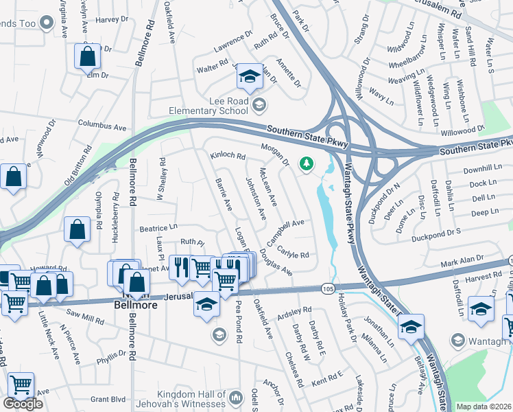 map of restaurants, bars, coffee shops, grocery stores, and more near 1054 McLean Avenue in Wantagh