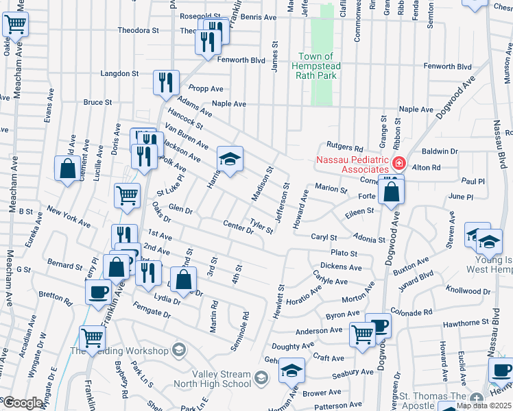 map of restaurants, bars, coffee shops, grocery stores, and more near 906 Jackson Avenue in Franklin Square
