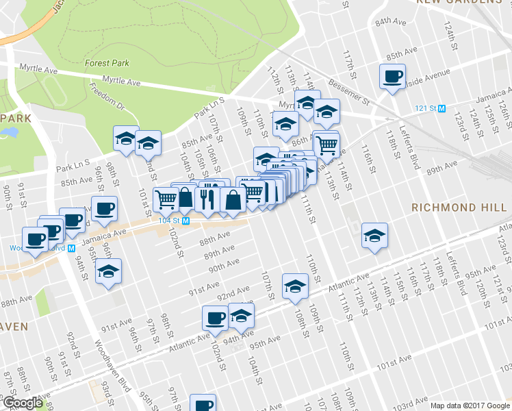 map of restaurants, bars, coffee shops, grocery stores, and more near 86-74 108th Street in Queens