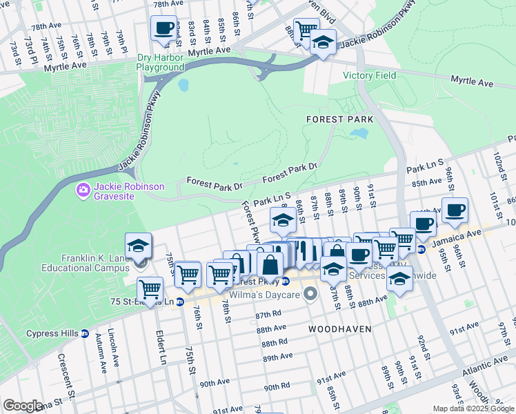 map of restaurants, bars, coffee shops, grocery stores, and more near 84-19 85th Avenue in Queens