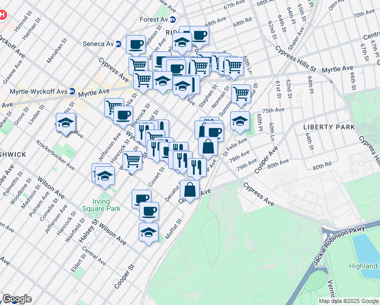 map of restaurants, bars, coffee shops, grocery stores, and more near 16-59 Norman Street in Queens