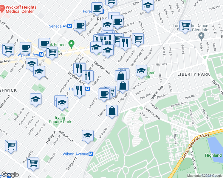 map of restaurants, bars, coffee shops, grocery stores, and more near 16-59 Norman Street in Queens