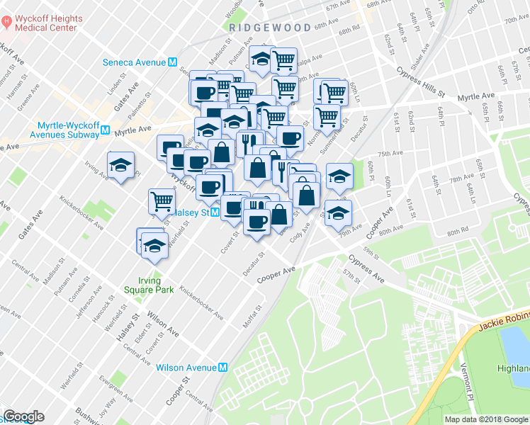 map of restaurants, bars, coffee shops, grocery stores, and more near 16-59 Norman Street in Queens