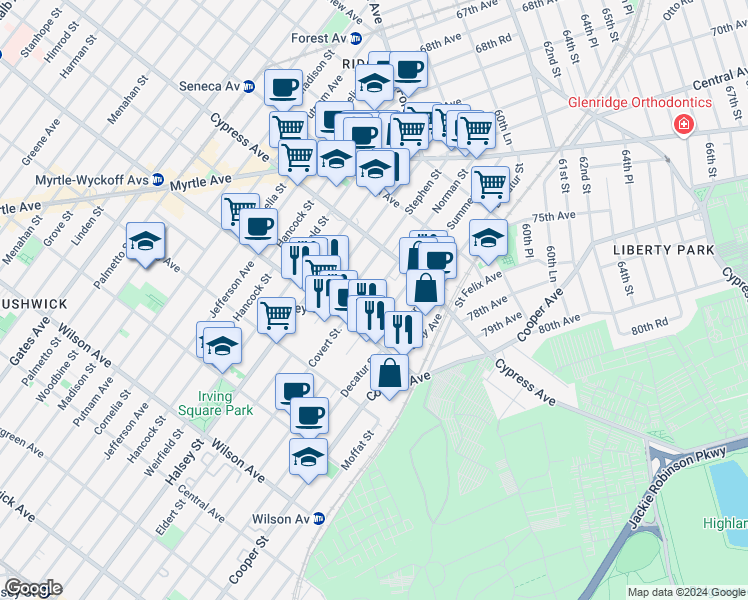 map of restaurants, bars, coffee shops, grocery stores, and more near 16-59 Norman Street in Queens