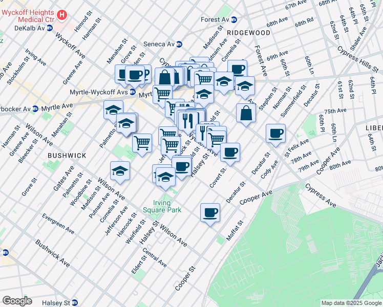map of restaurants, bars, coffee shops, grocery stores, and more near 919 Wyckoff Avenue in Queens