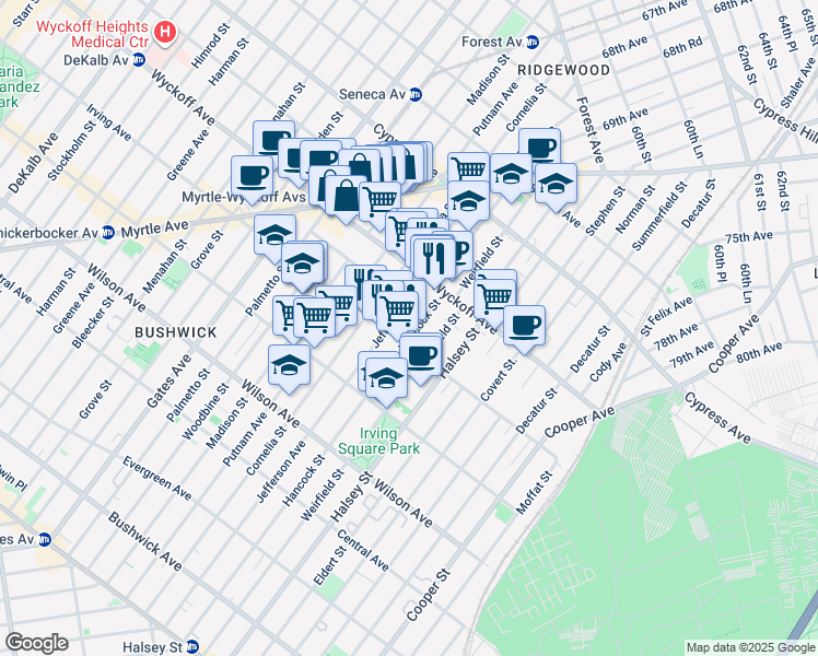 map of restaurants, bars, coffee shops, grocery stores, and more near 1484 Jefferson Avenue in Brooklyn