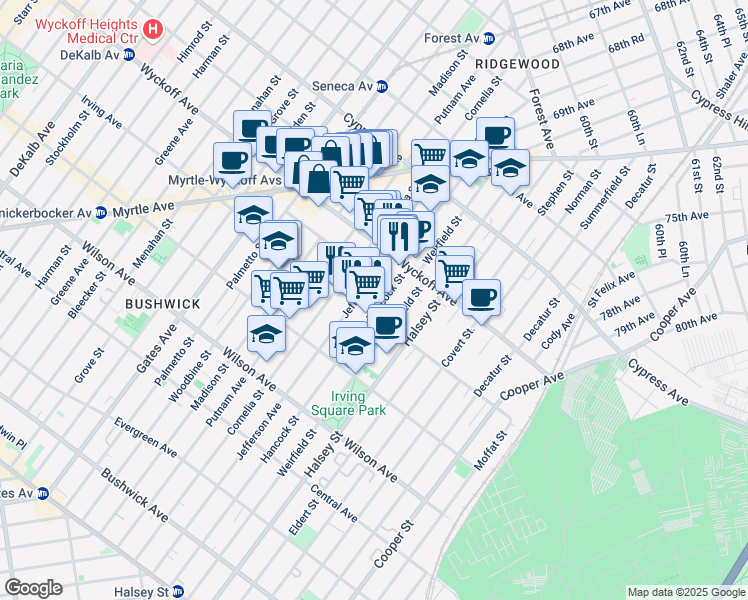 map of restaurants, bars, coffee shops, grocery stores, and more near 1484 Jefferson Avenue in Brooklyn