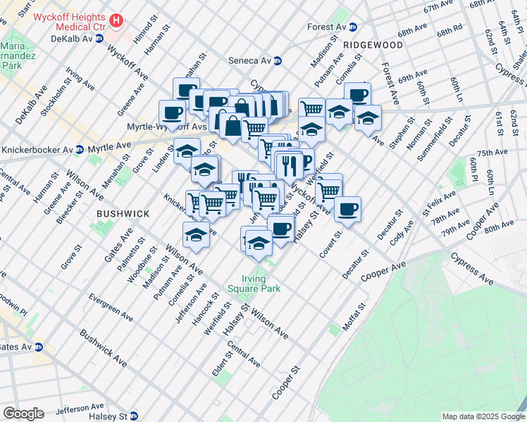 map of restaurants, bars, coffee shops, grocery stores, and more near 1484 Jefferson Avenue in Brooklyn
