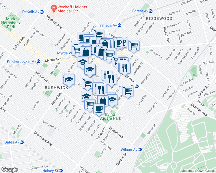 map of restaurants, bars, coffee shops, grocery stores, and more near 429 Irving Avenue in Brooklyn