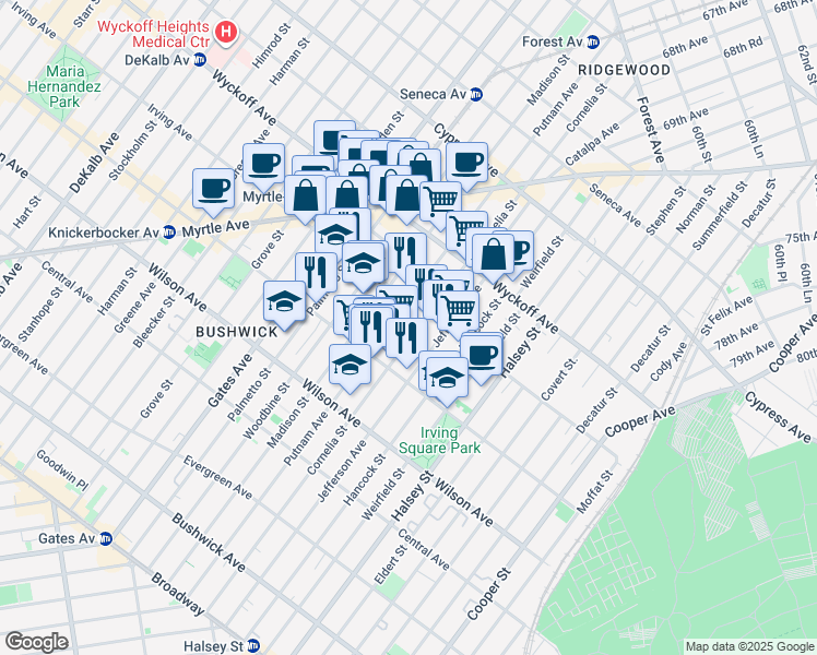 map of restaurants, bars, coffee shops, grocery stores, and more near 1428 Putnam Avenue in Brooklyn
