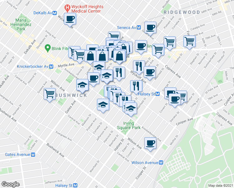 map of restaurants, bars, coffee shops, grocery stores, and more near 1428 Putnam Avenue in Brooklyn