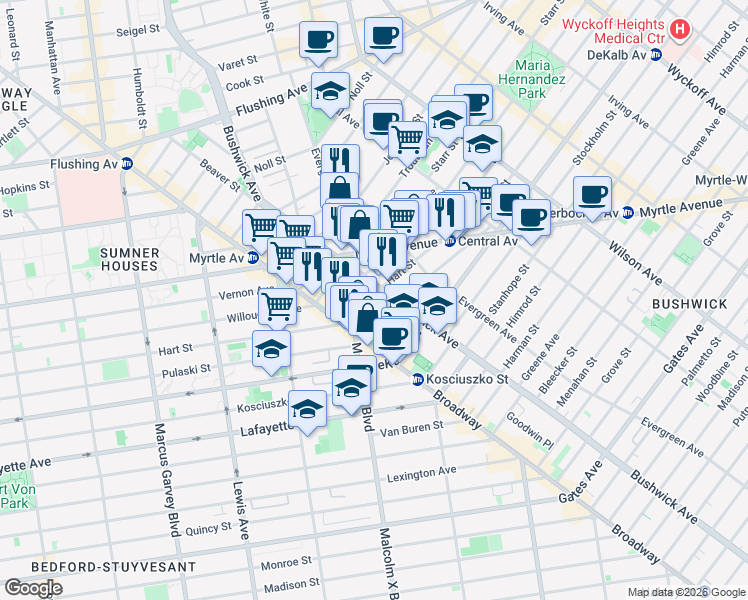 map of restaurants, bars, coffee shops, grocery stores, and more near 717 Bushwick Avenue in Brooklyn