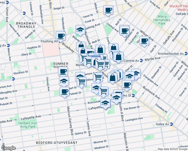 map of restaurants, bars, coffee shops, grocery stores, and more near 6 Stuyvesant Avenue in Brooklyn