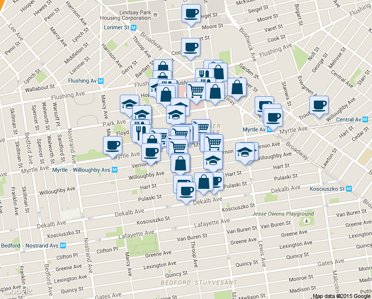 map of restaurants, bars, coffee shops, grocery stores, and more near 987 Myrtle Avenue in Brooklyn