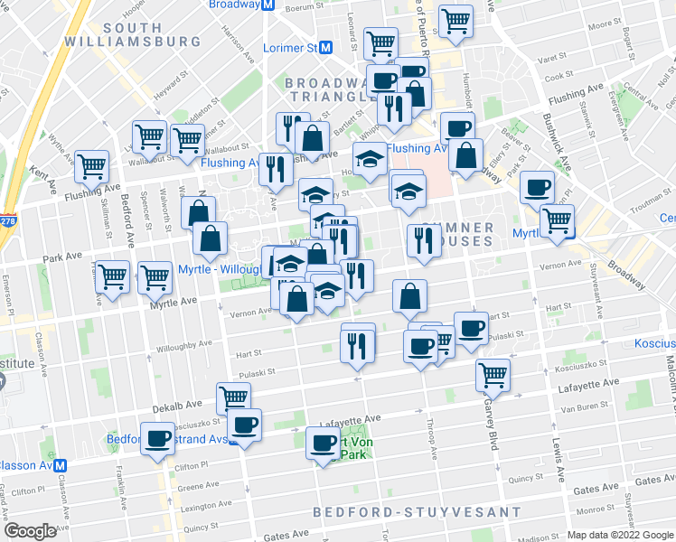 map of restaurants, bars, coffee shops, grocery stores, and more near 146 Stockton Street in Brooklyn