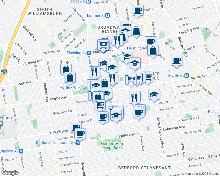 map of restaurants, bars, coffee shops, grocery stores, and more near 146 Stockton Street in Brooklyn